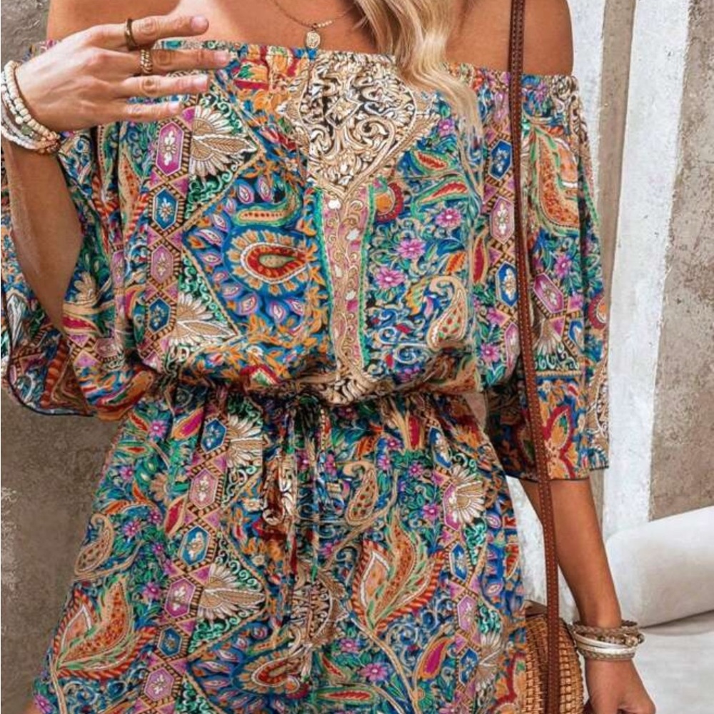 Colorful off shoulder romper. Worn once